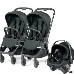 PEG City Loop Double Stroller + Primo Viaggio Urban Mobility Baseless Infant Car Seat Travel System Bundle - Black / Metal / True Black