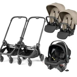 PEG City Loop Double Stroller + Primo Viaggio Urban Mobility Baseless Infant Car Seat Travel System Bundle - Black / Vanilla Blend / True Black