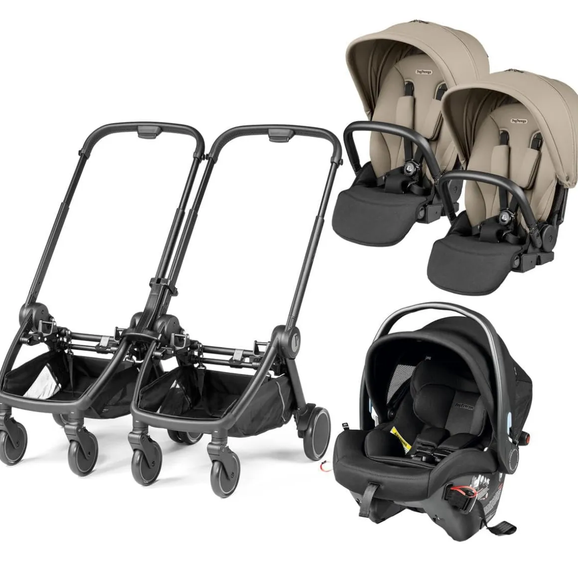 PEG City Loop Double Stroller + Primo Viaggio Urban Mobility Baseless Infant Car Seat Travel System Bundle - Black / Vanilla Blend / True Black