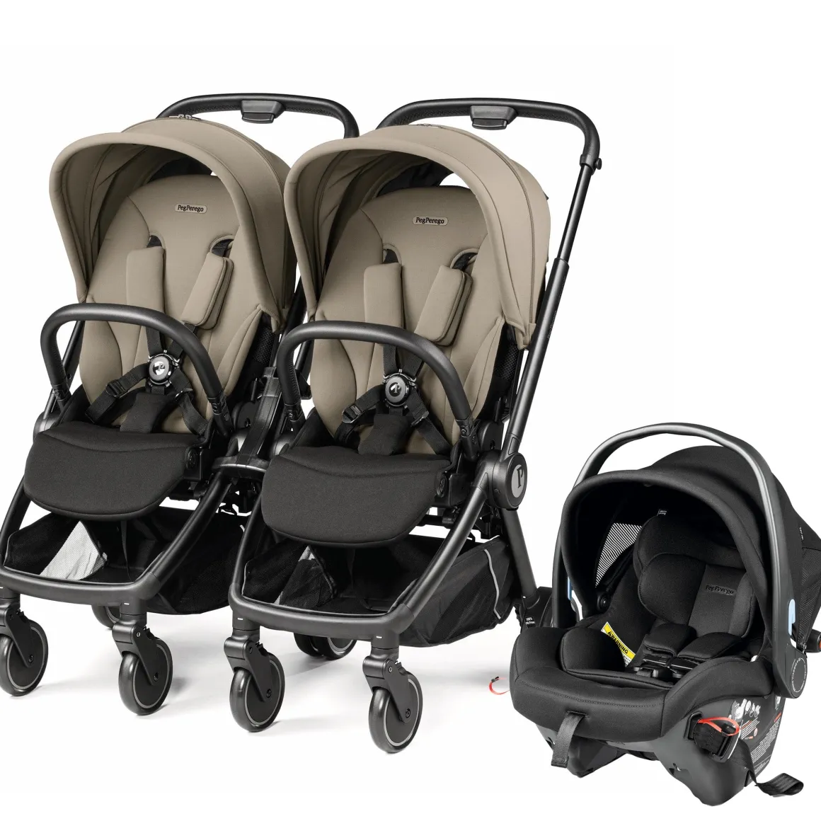 PEG City Loop Double Stroller + Primo Viaggio Urban Mobility Baseless Infant Car Seat Travel System Bundle - Black / Vanilla Blend / True Black