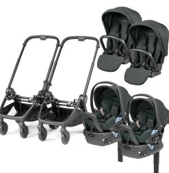 PEG City Loop Twin Stroller + Primo Viaggio Lounge Travel System Bundle - Black / Metal / Metal