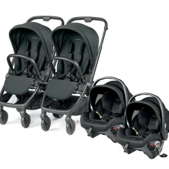 PEG City Loop Twin Stroller + Primo Viaggio Urban Mobility Baseless Infant Car Seat Travel System Bundle - Black / Metal / True Black