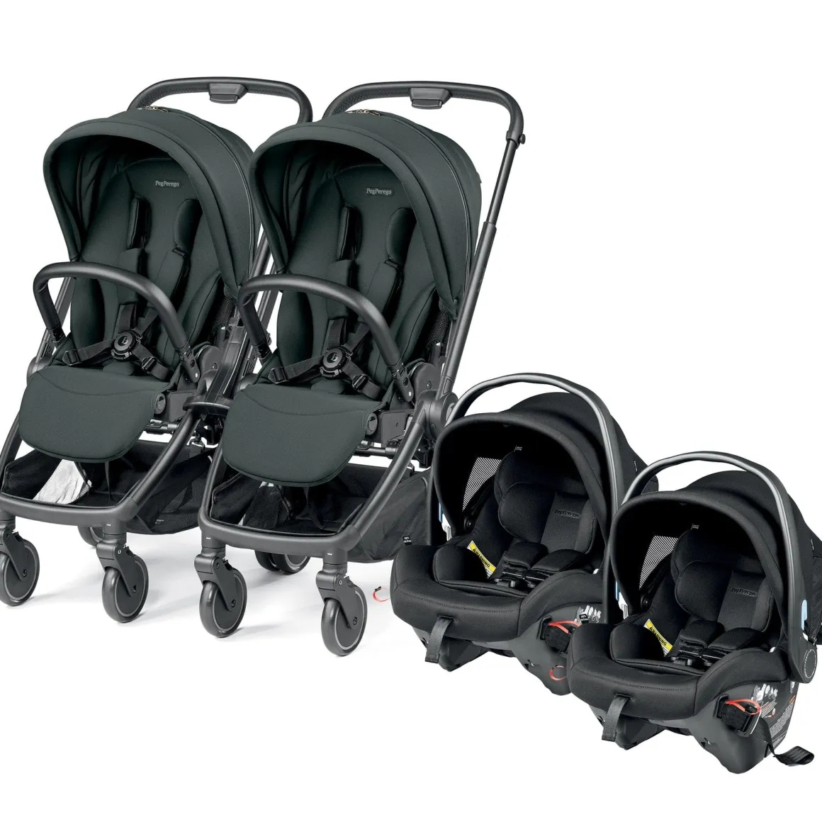PEG City Loop Twin Stroller + Primo Viaggio Urban Mobility Baseless Infant Car Seat Travel System Bundle - Black / Metal / True Black