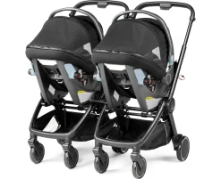 PEG City Loop Twin Stroller + Primo Viaggio Urban Mobility Baseless Infant Car Seat Travel System Bundle - Black / True Black / True Black