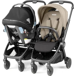 PEG City Loop Twin Stroller + Primo Viaggio Urban Mobility Baseless Infant Car Seat Travel System Bundle - Black / True Black / True Black