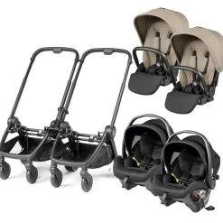 PEG City Loop Twin Stroller + Primo Viaggio Urban Mobility Baseless Infant Car Seat Travel System Bundle - Black / Vanilla Blend / True Black