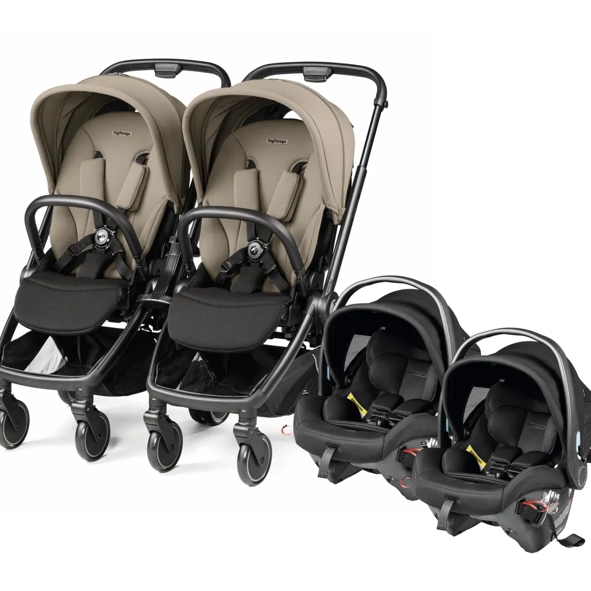PEG City Loop Twin Stroller + Primo Viaggio Urban Mobility Baseless Infant Car Seat Travel System Bundle - Black / Vanilla Blend / True Black