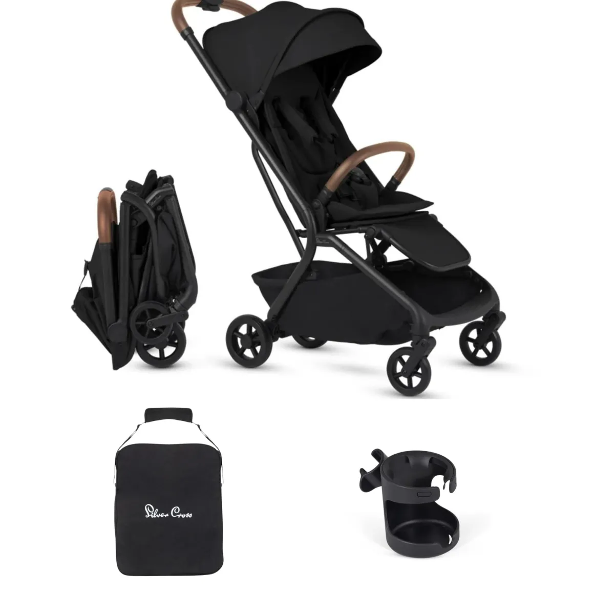 Silver Cross Nia Compact Travel Stroller + Cup Holder + Travel Bag Bundle - Onyx