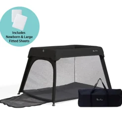 Silver Cross Sleep & Go Travel Crib + Newborn / Large Fitted Sheet Bundle - Carbon / White
