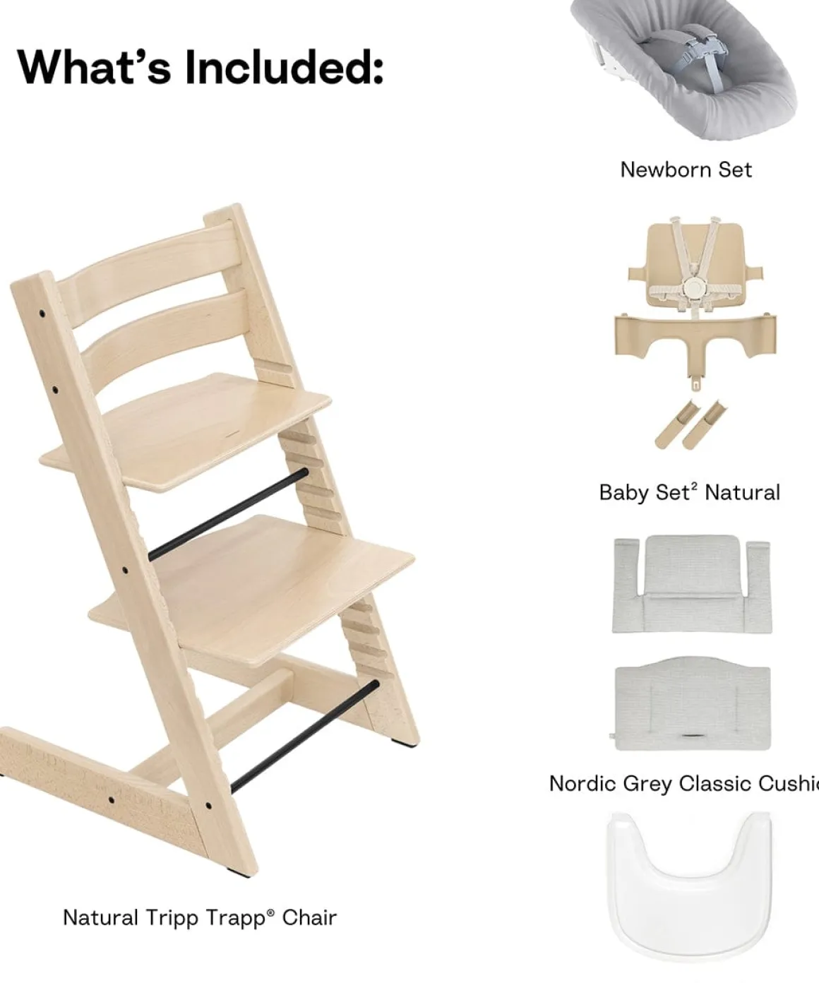 Stokke Tripp Trapp High Chair2 with Cushion, Newborn Set and Stokke Tray - Natural / Nordic Grey
