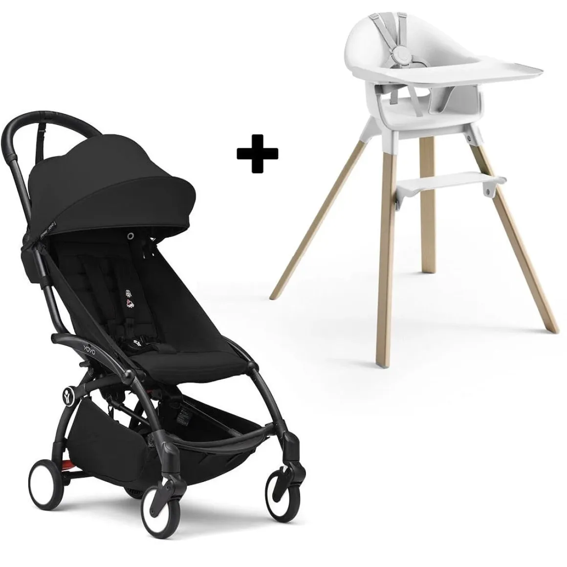 Stokke YOYO3 6+ Stroller + Clikk High Chair Bundle - Black / Black / White