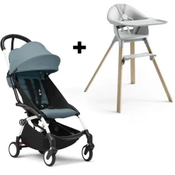 Stokke YOYO3 6+ Stroller + Clikk High Chair Bundle - White / Aqua / Cloud Grey