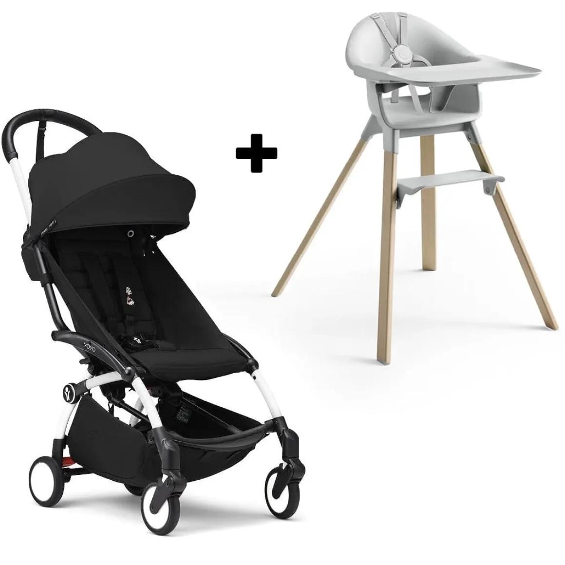 Stokke YOYO3 6+ Stroller + Clikk High Chair Bundle - White / Black / Cloud Grey