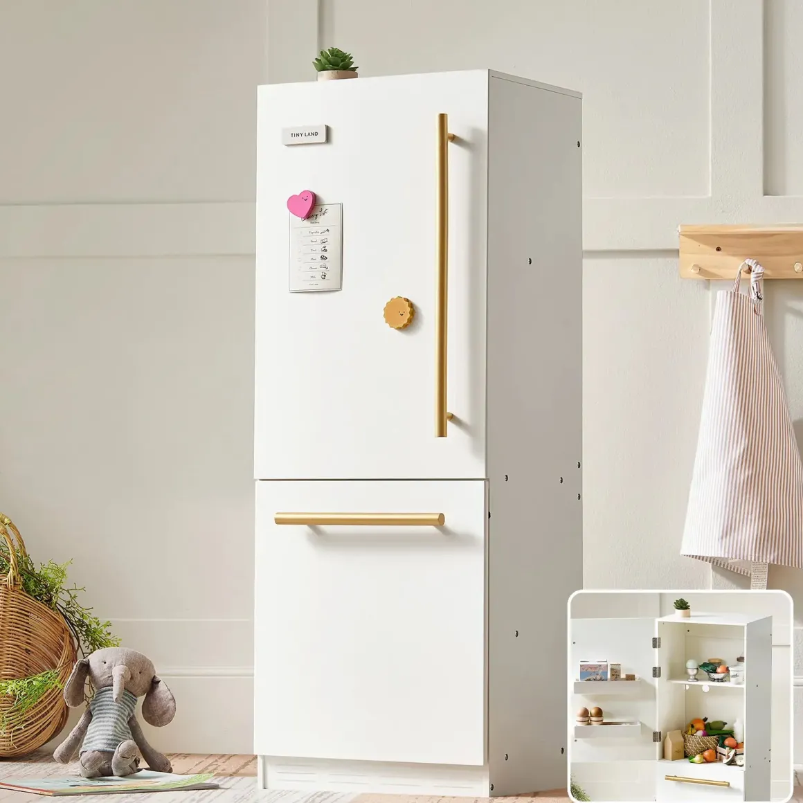Tiny Land® Play Kitchen Accessories – Play Kitchen Fridge: Wooden Cabinet Refrigerator for Kids
