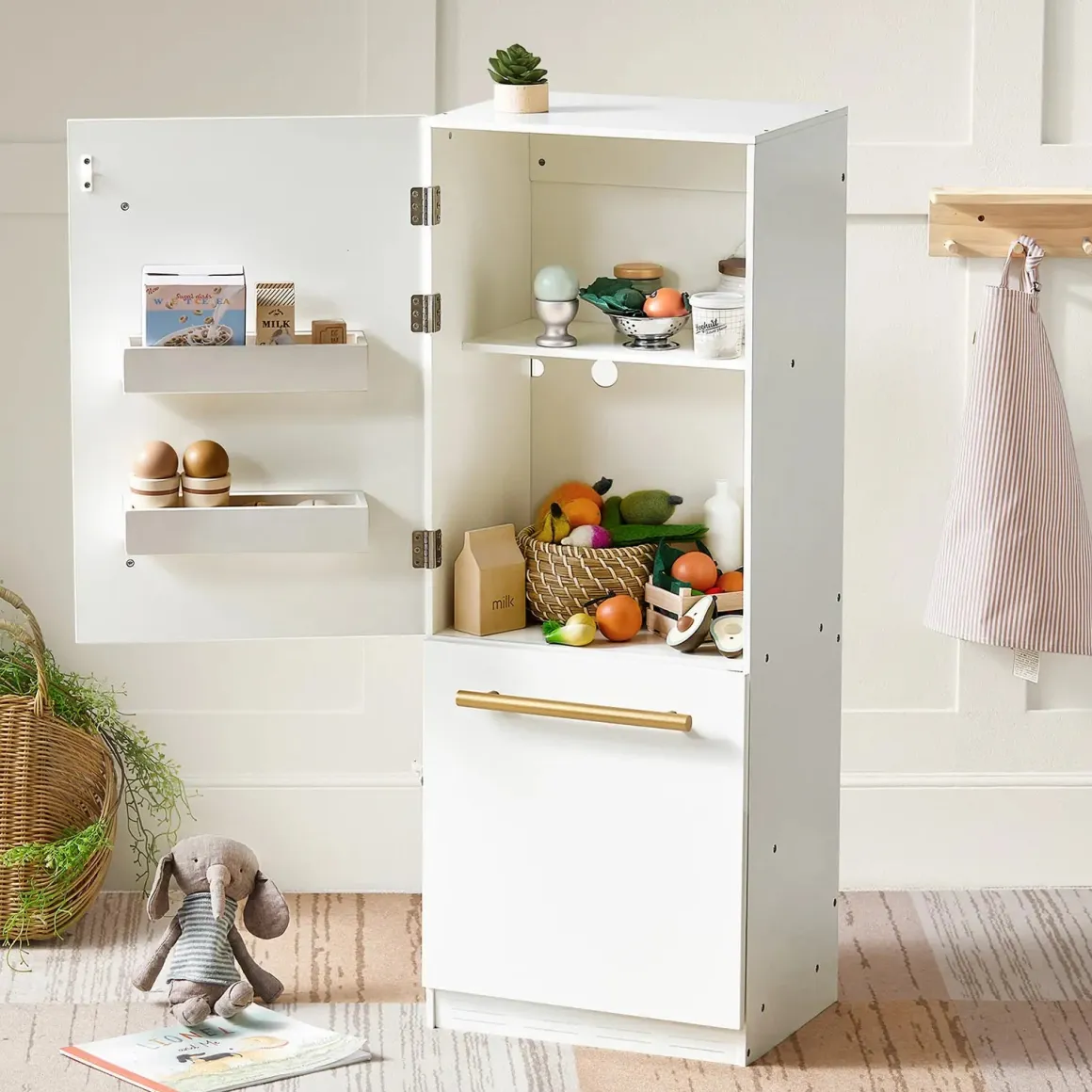 Tiny Land® Play Kitchen Accessories – Play Kitchen Fridge: Wooden Cabinet Refrigerator for Kids