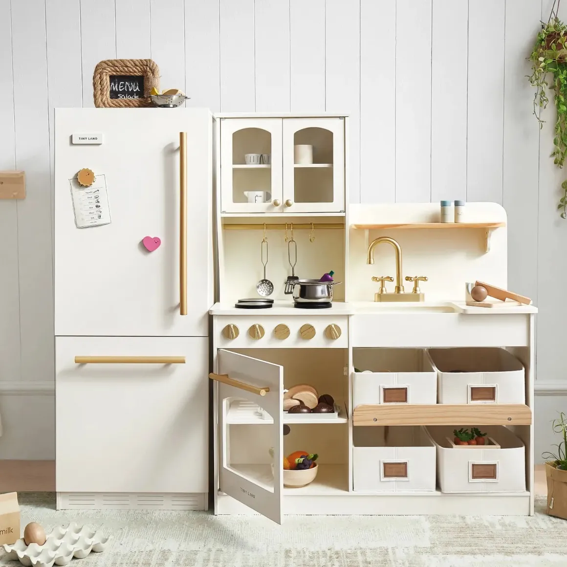 Tiny Land® Play Kitchen Accessories – Play Kitchen Fridge: Wooden Cabinet Refrigerator for Kids