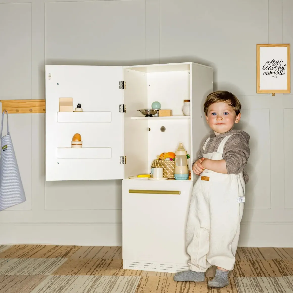 Tiny Land® Play Kitchen Accessories – Play Kitchen Fridge: Wooden Cabinet Refrigerator for Kids