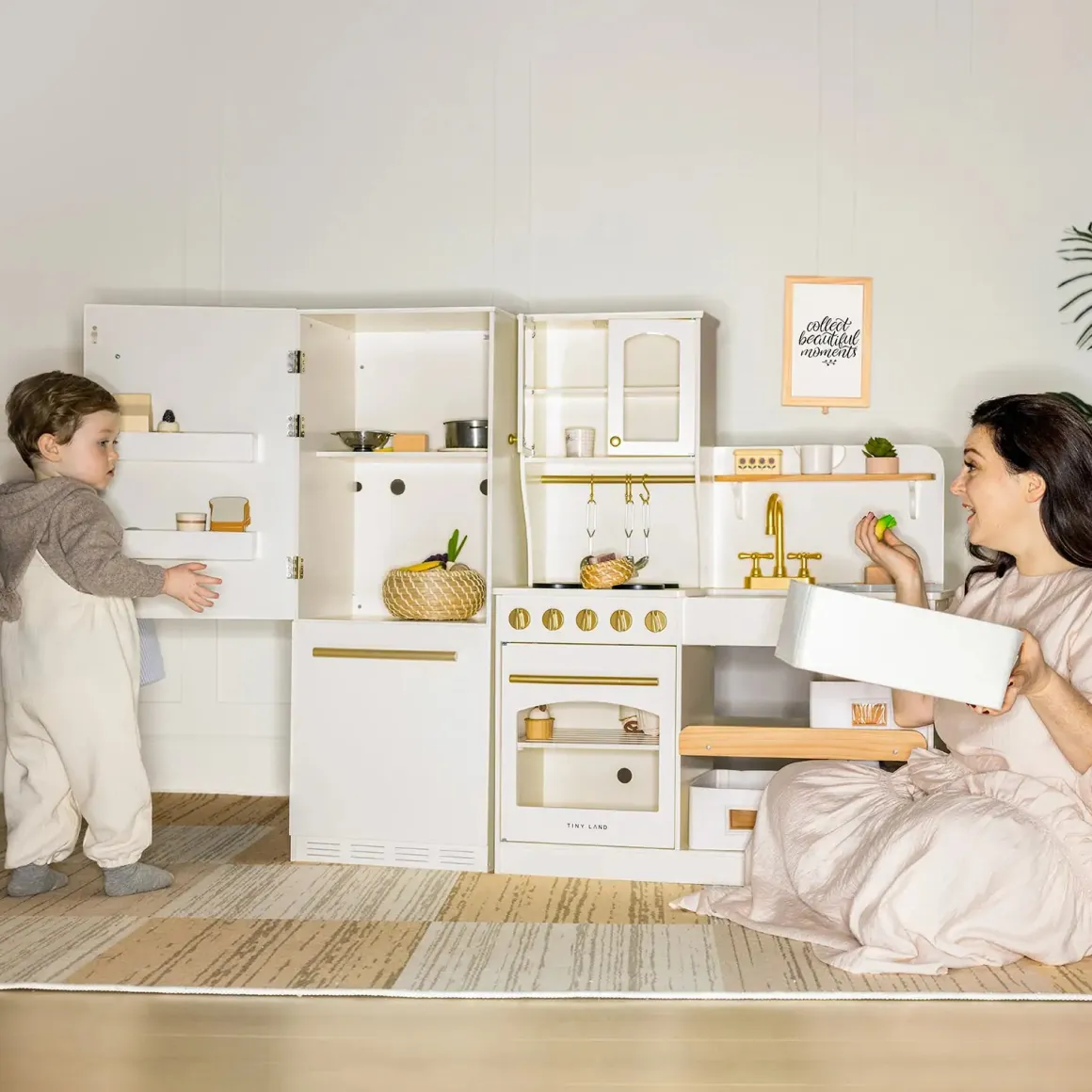 Tiny Land® Play Kitchen Accessories – Play Kitchen Fridge: Wooden Cabinet Refrigerator for Kids