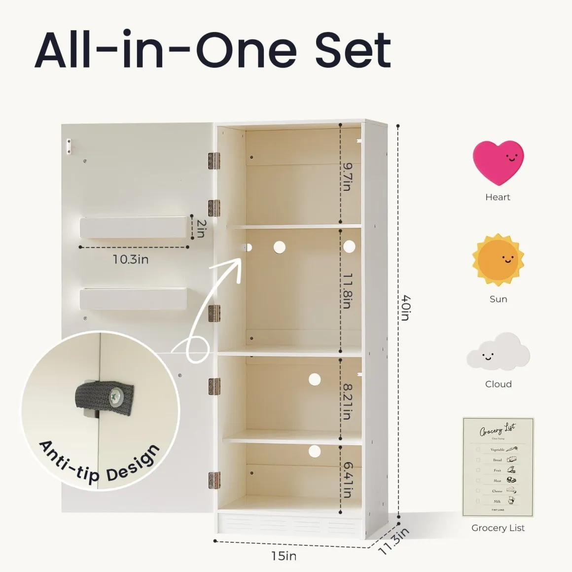 Tiny Land® Play Kitchen Accessories – Play Kitchen Fridge: Wooden Cabinet Refrigerator for Kids