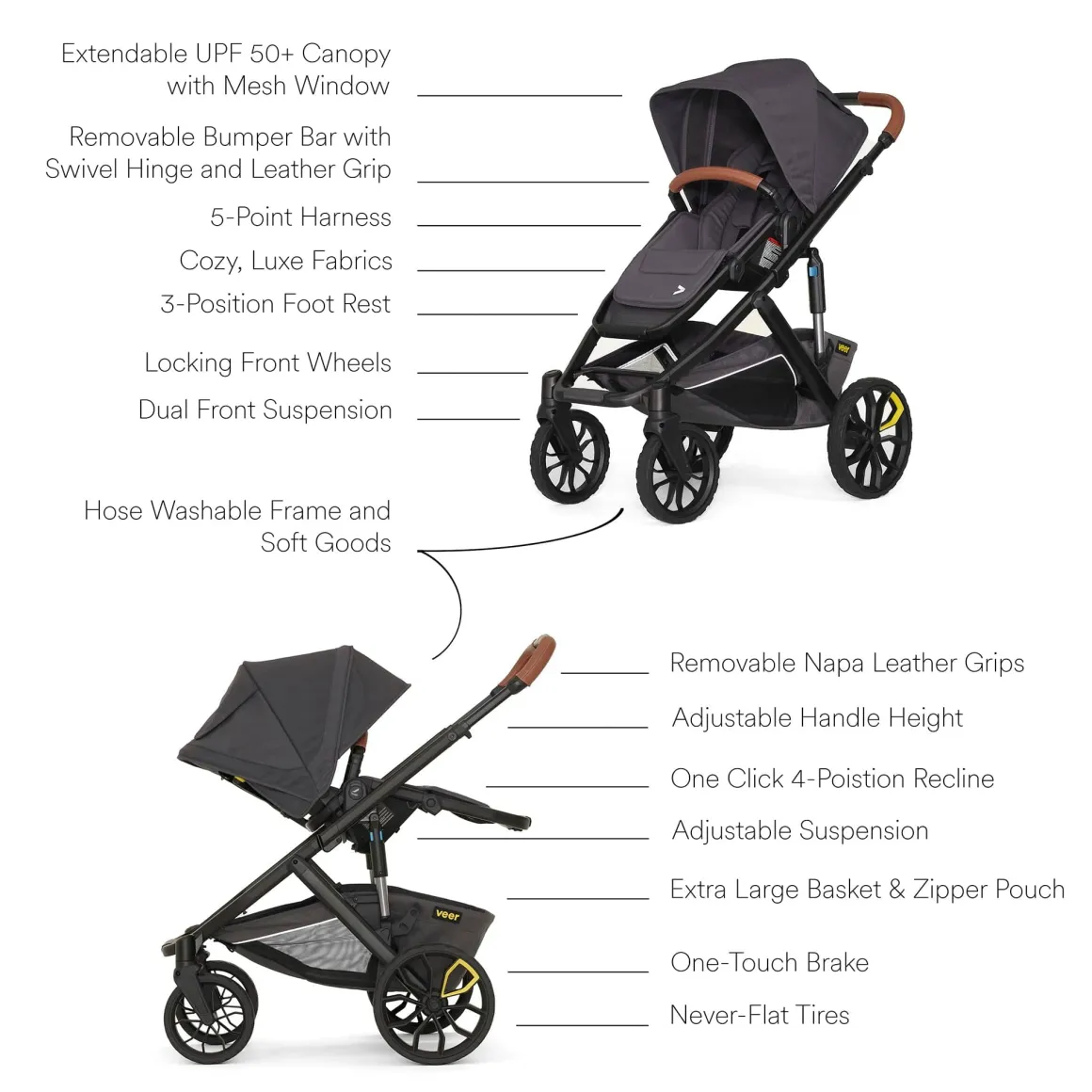 Veer Switch&Roll Luxe Single-to-Double Stroller Bundle with Leather Kit - Gray Granite