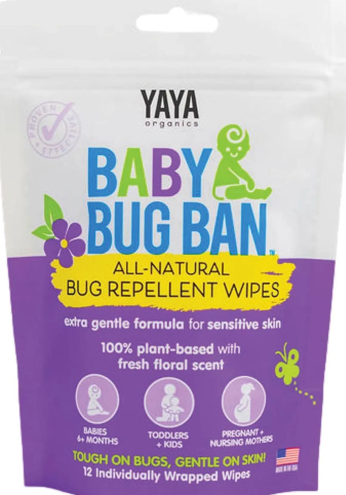 Yaya Organics Baby Bug Ban Repellent Wipes - 12 pack