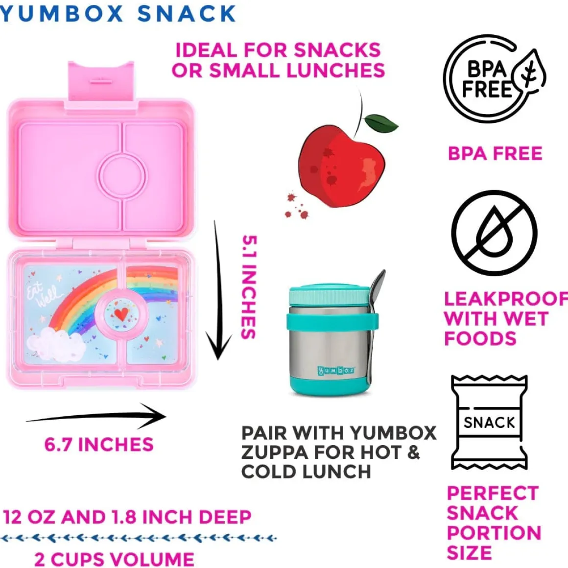 Yumbox Leakproof Bento Snack Box, 3 Compartment - Fifi Pink / Rainbow