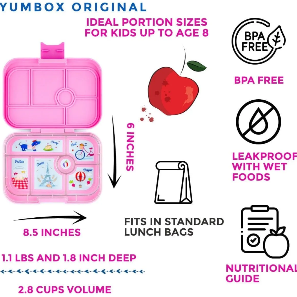 Yumbox Original Leakproof Bento Lunchbox, 6 Compartment - Fifi Pink / Paris Tray
