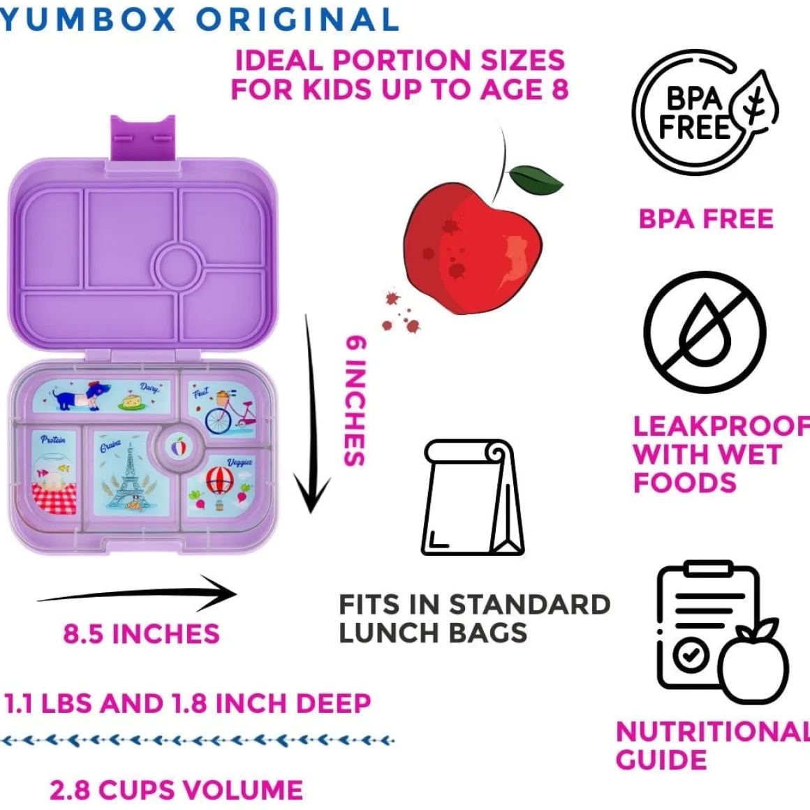 Yumbox Original Leakproof Bento Lunchbox, 6 Compartment - Lulu Purple / Paris Tray