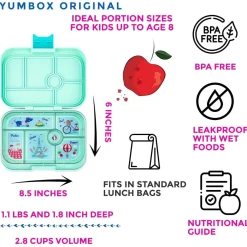 Yumbox Original Leakproof Bento Lunchbox, 6 Compartment - Serene Aqua / Paris Tray